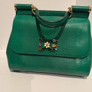 Emerald Green Satchel with Textured Leather and Gold Hardware